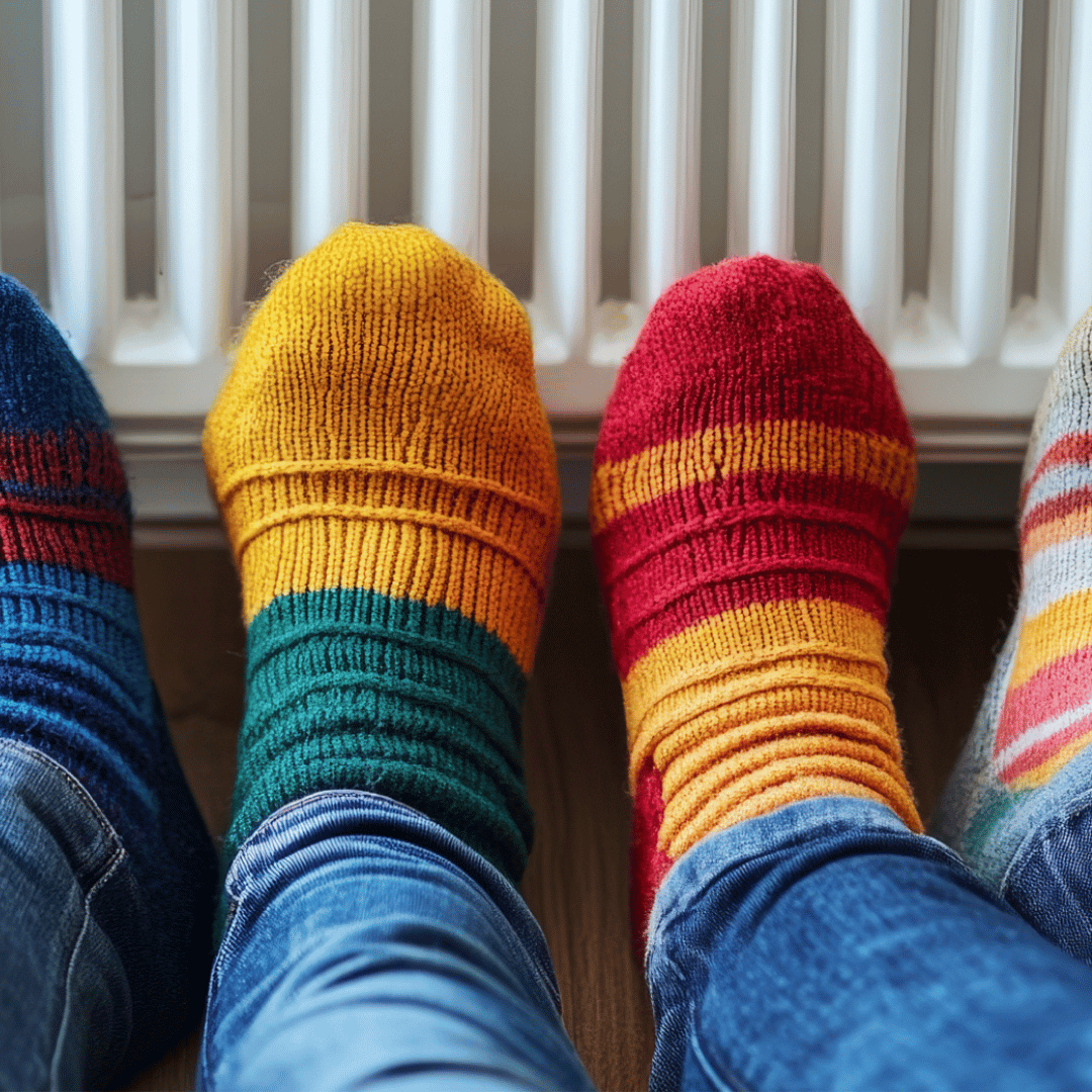 Warming feet on radiator with colourful socks (1)